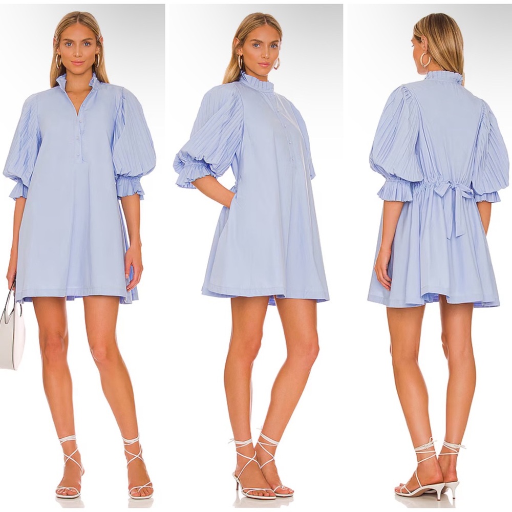 FLAW SOVERE Focus Pleat Smock Mini Dress in Powder Blue Size XS